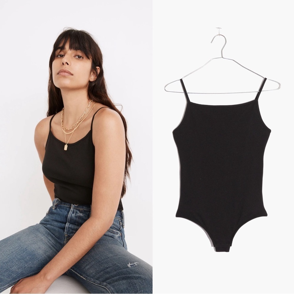 Madewell • Ribbed Spaghetti-Strap Thong Bodysuit black camisole cami square neck